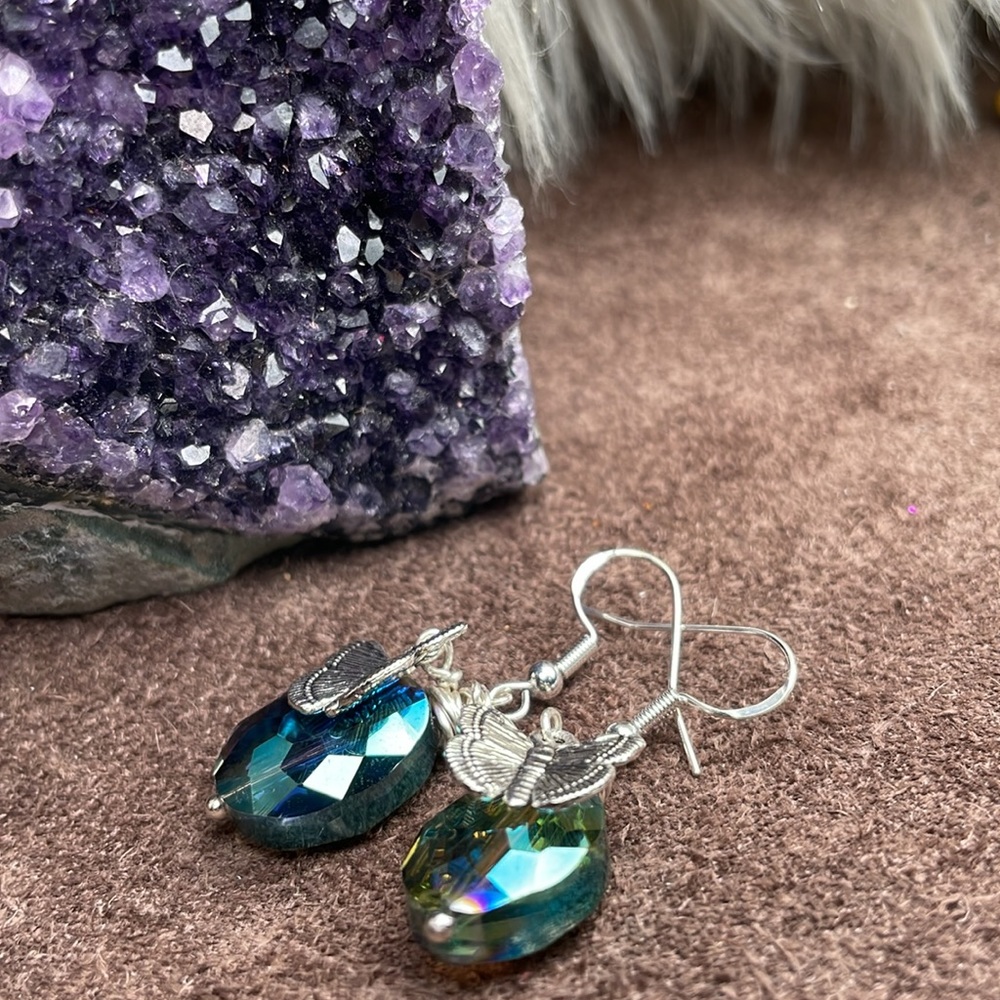 Austrian Crystal With Silver Charm Butterfly Dangling Artisan Earrings - Picture 10 of 13